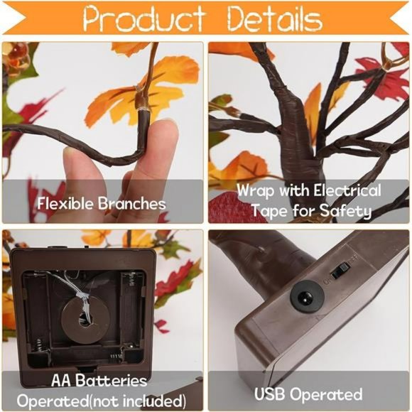 24 LED Fall Lighted Maple Tree Light, Thanksgiving  Table Light - Picture 3 of 7